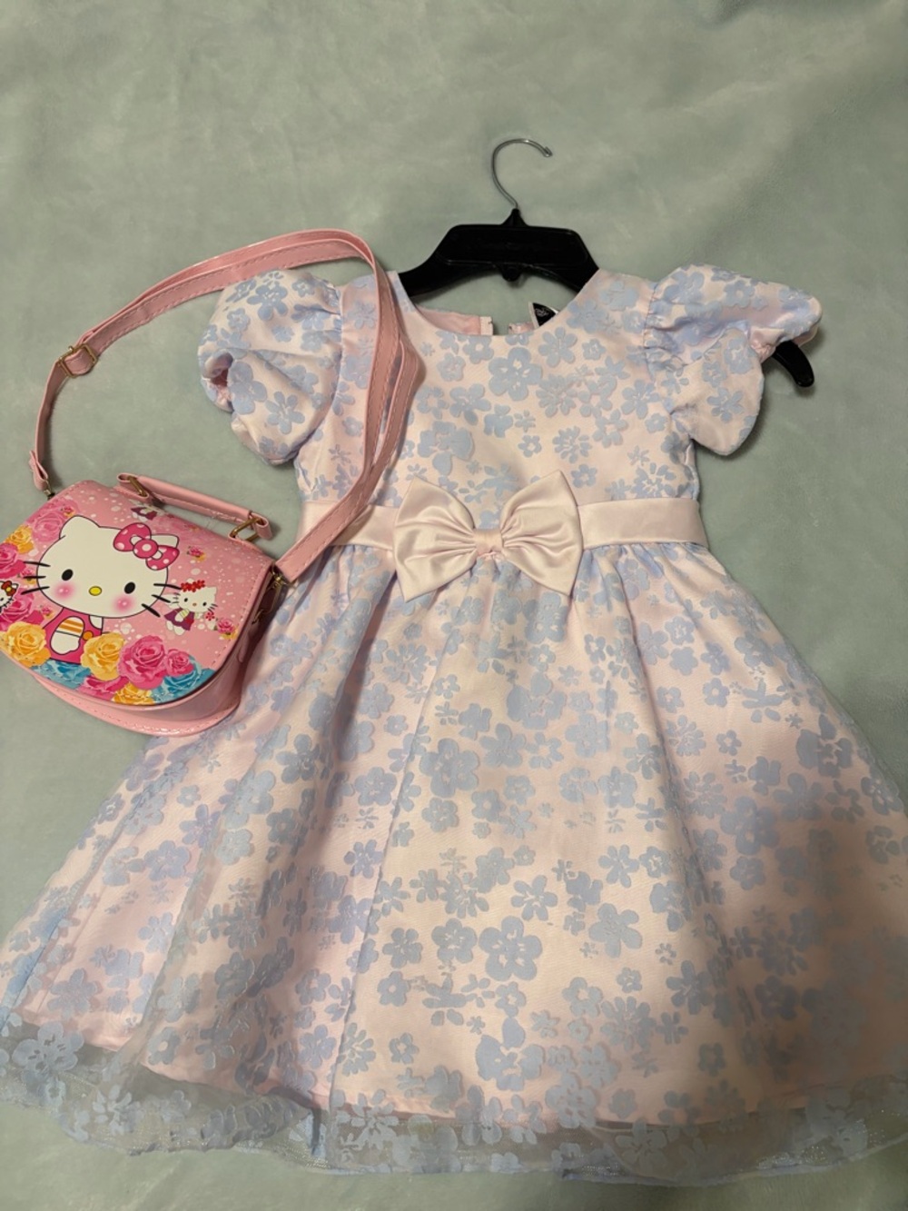 Rare Editions Pink Dress with Light Blue Floral Jacquard and purse hello kitty